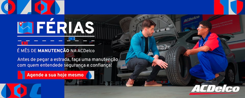 Banner predominantemente azul adornado com grafismos brancos e vermelhos. Na cena, um mecânico ACDelco tira dúvidas de cliente enquanto realiza serviços de manutenção no carro. 