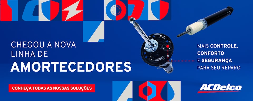 Banner da ACDelco com o texto “Chegou a nova linha de amortecedores” e chamada “Mais controle, conforto e segurança para seu reparo”. Imagem de dois amortecedores em destaque sobre fundo azul com elementos gráficos e botão vermelho escrito “Conheça todas as nossas soluções”.